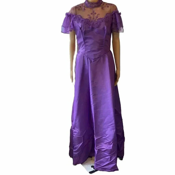 VTG USA 80s Prom Dress Dance Allure Party Purple Satin Lace Ball Gown 11/12 - Picture 1 of 10